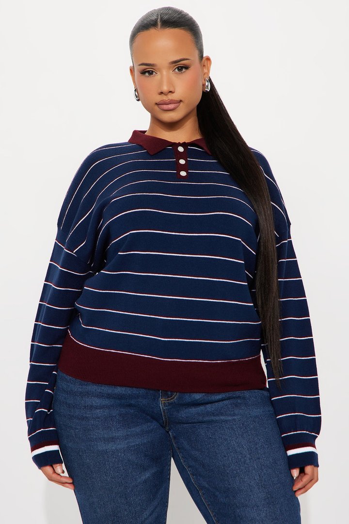 Living In Stripes Polo Sweater - Navy/Red