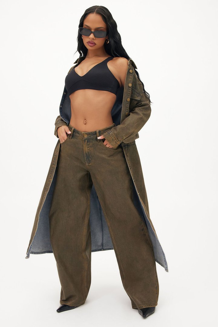 Play It Off Coated Wide Leg Jeans - Brown