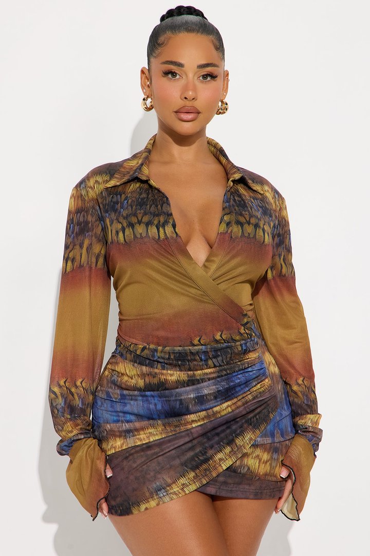 Rowan Collar Print Mesh Mini Dress - Multi Color