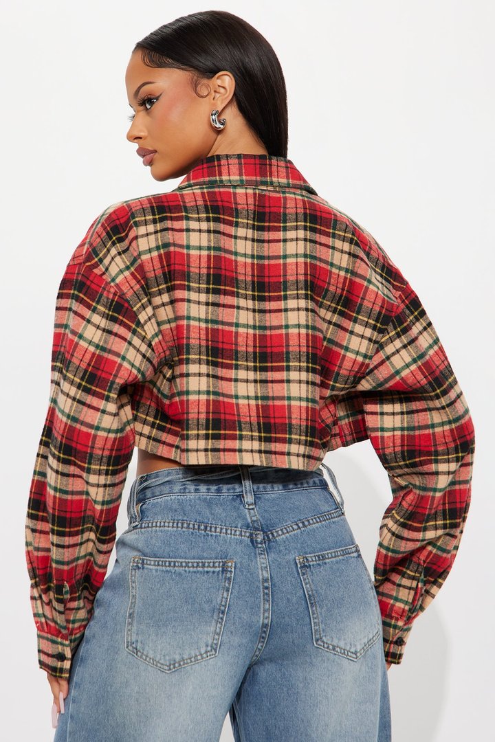 Kira Cropped Plaid Flannel Shirt - Red/combo