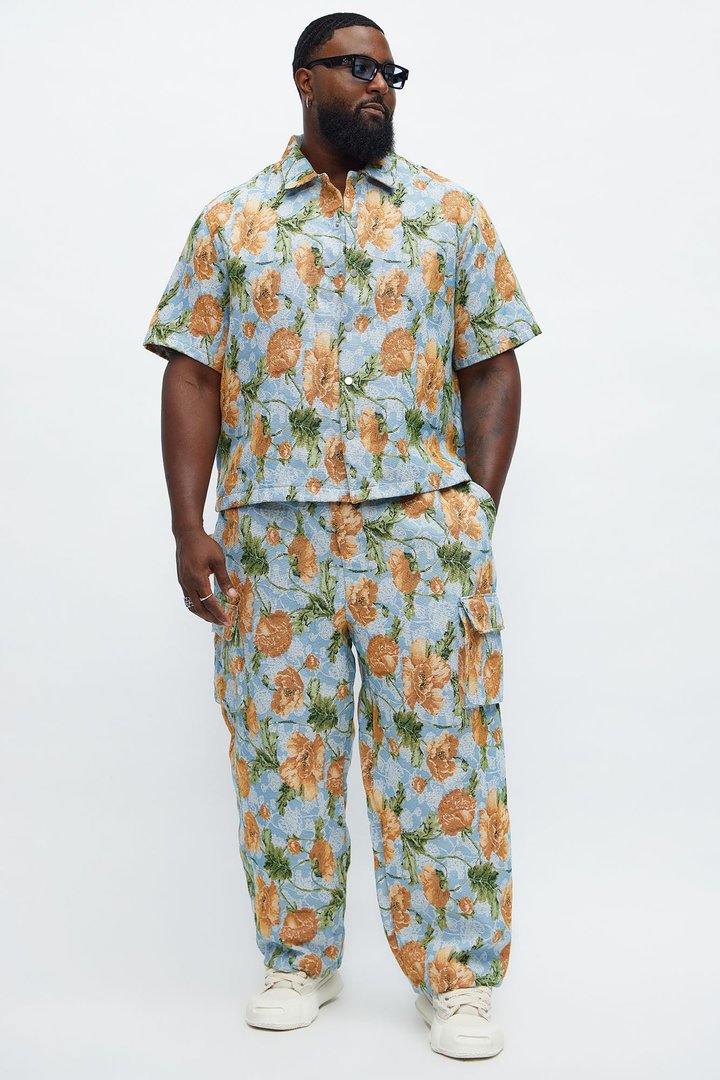 Baggy Rose Buds Tapestry Cargo Pant - Blue/combo