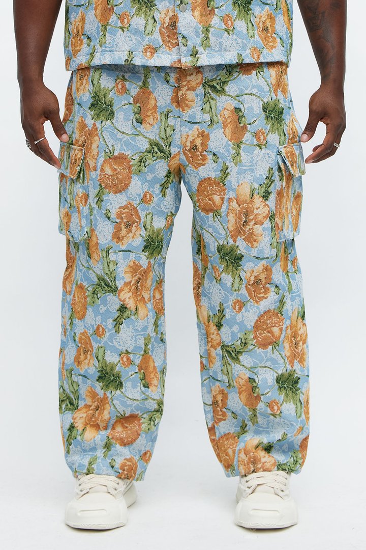 Baggy Rose Buds Tapestry Cargo Pant - Blue/combo