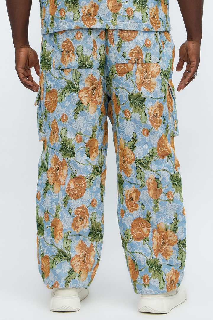 Baggy Rose Buds Tapestry Cargo Pant - Blue/combo