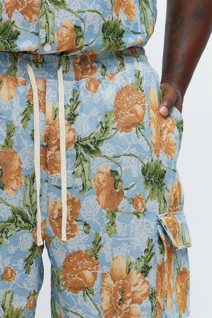 Baggy Rose Buds Tapestry Cargo Pant - Blue/combo