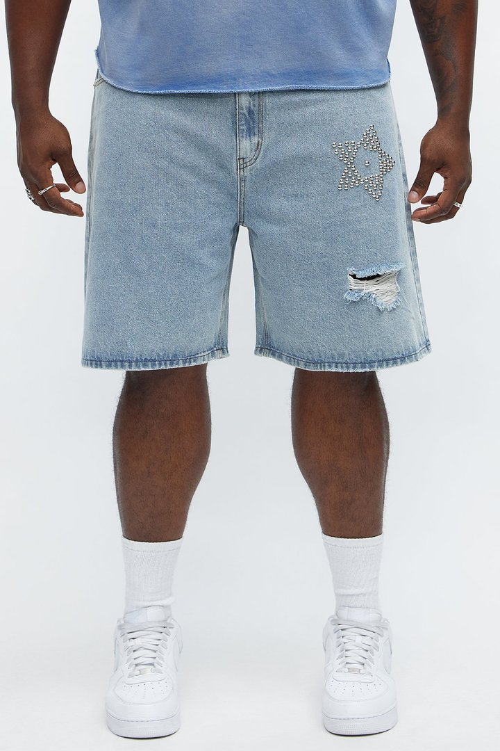 Relaxed Star Studded Denim Shorts - Light Blue Wash