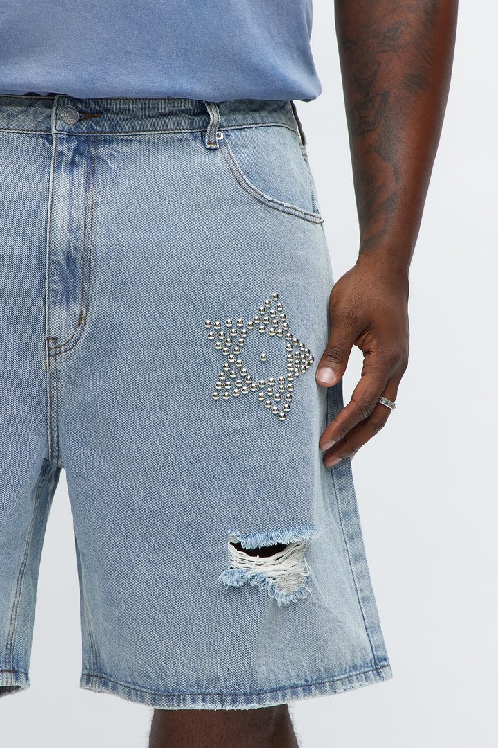 Relaxed Star Studded Denim Shorts - Light Blue Wash