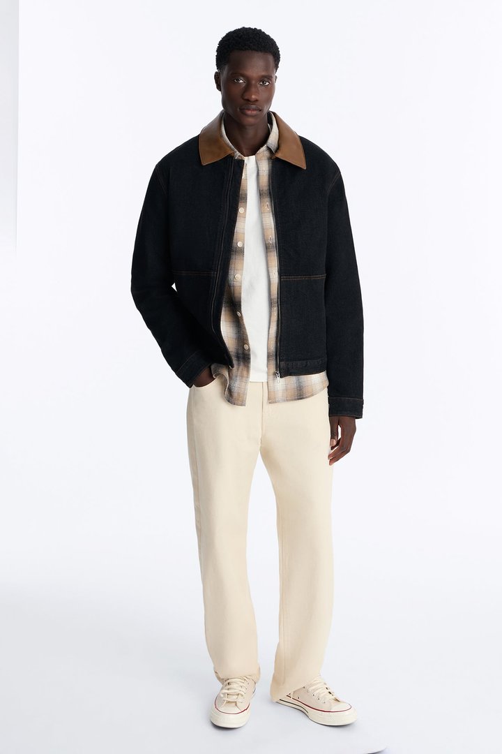 Raw Selvedge Contrast Collar Zipper Down Denim Jacket - Black