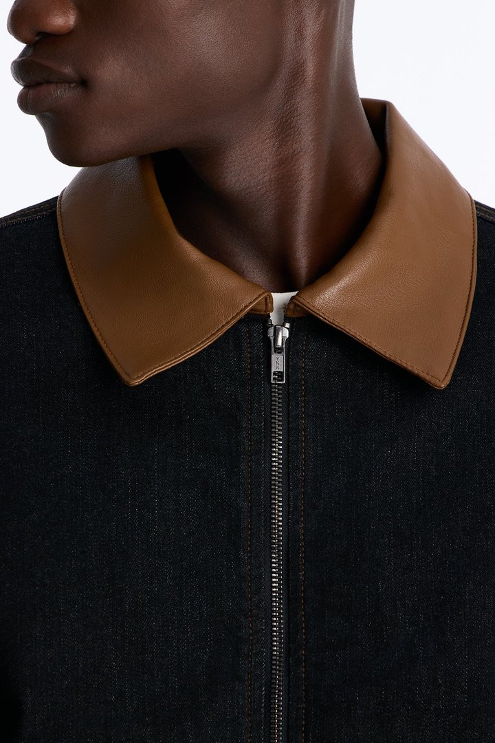 Raw Selvedge Contrast Collar Zipper Down Denim Jacket - Black