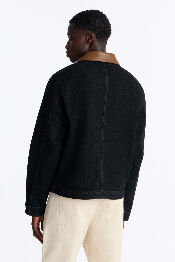 Raw Selvedge Contrast Collar Zipper Down Denim Jacket - Black