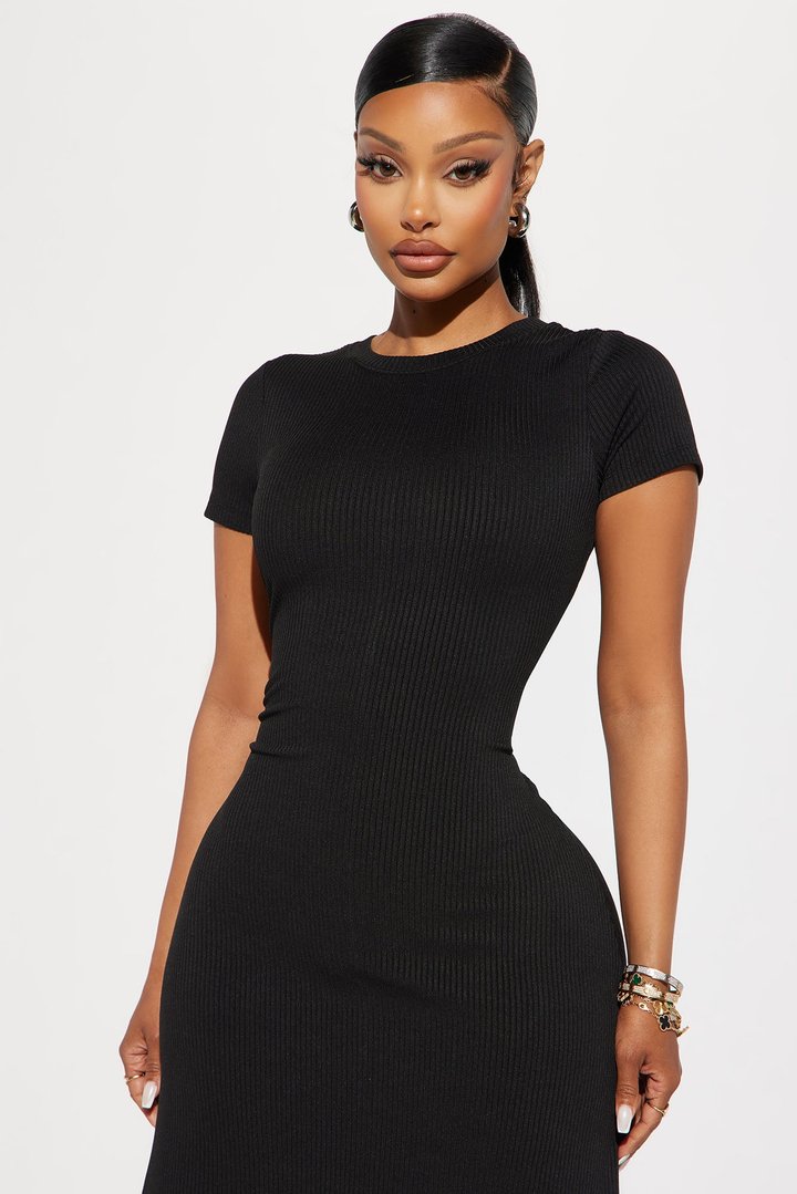 Madison Ribbed Midi Dress - Black