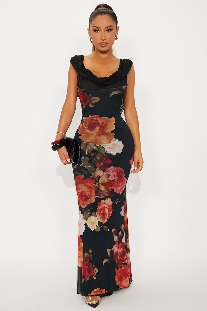 Karol Backless Mesh Maxi Dress - Black/combo