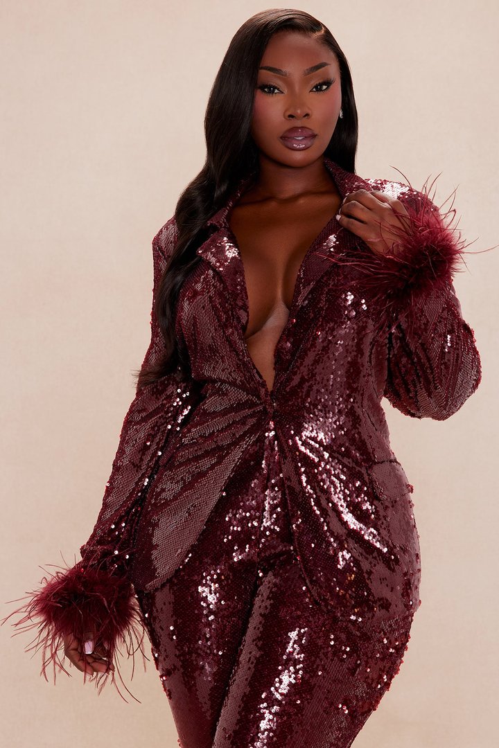 Sienna Feathered Sequin Blazer - Burgundy