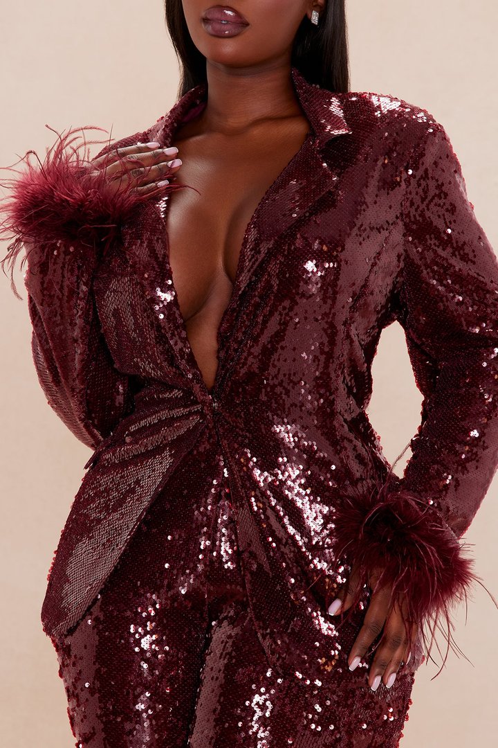 Sienna Feathered Sequin Blazer - Burgundy