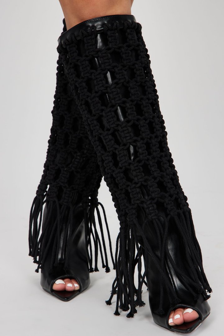 Summer Crochet Knee High Boots - Black