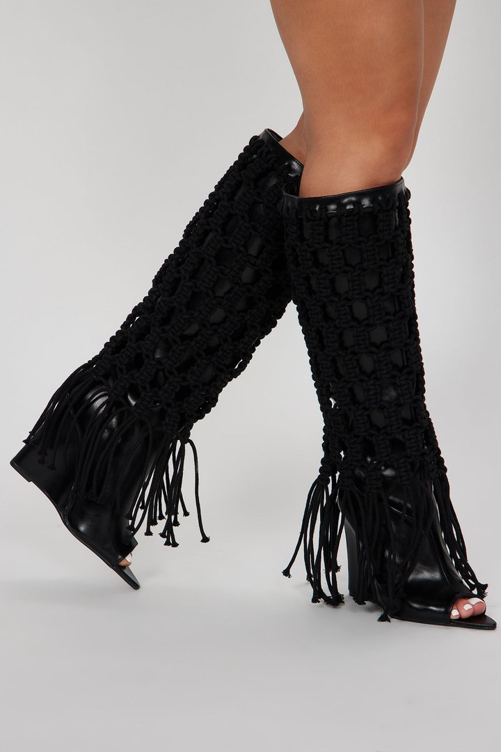 Summer Crochet Knee High Boots - Black