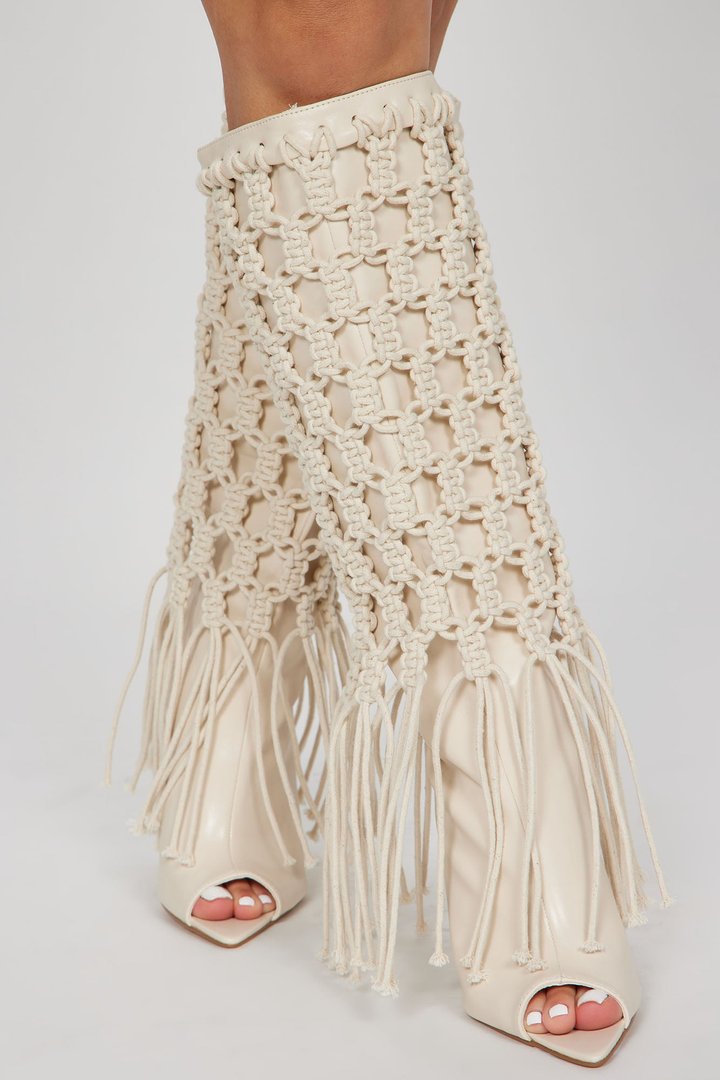 Summer Crochet Knee High Boots - Cream