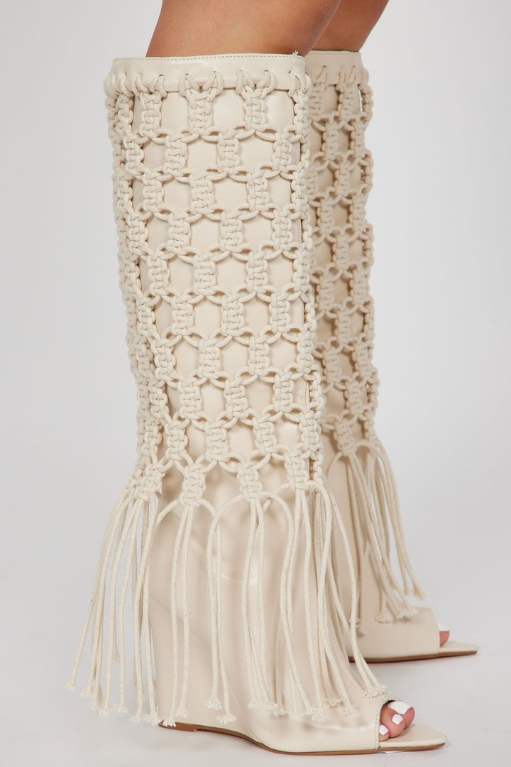 Summer Crochet Knee High Boots - Cream