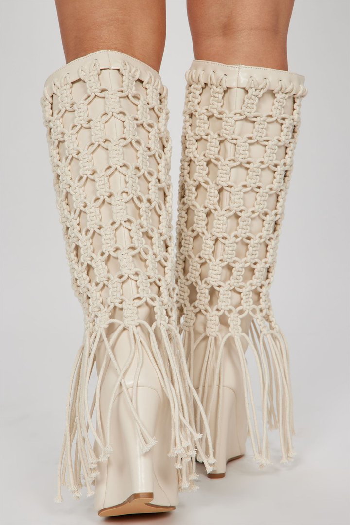 Summer Crochet Knee High Boots - Cream