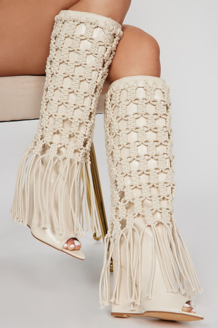 Summer Crochet Knee High Boots - Cream