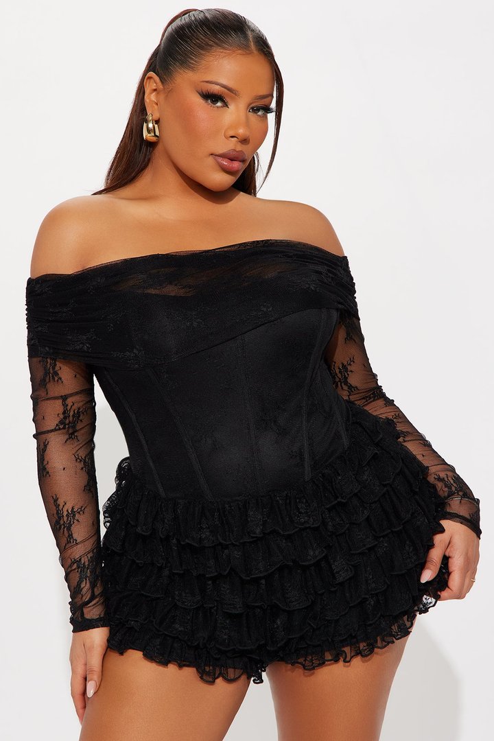Sweet Rush Lace Ruffle Romper - Black