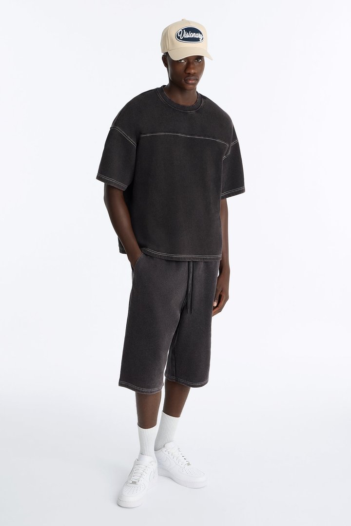 Kai Washed Contrast Stitch Oversized Fleece Tee - Black