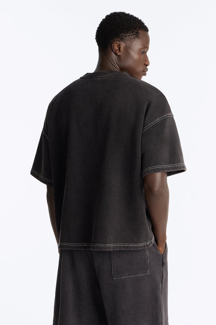 Kai Washed Contrast Stitch Oversized Fleece Tee - Black