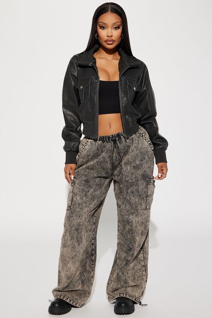 Nina Garment Washed Faux Leather Jacket - Grey
