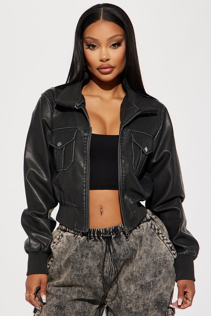 Nina Garment Washed Faux Leather Jacket - Grey