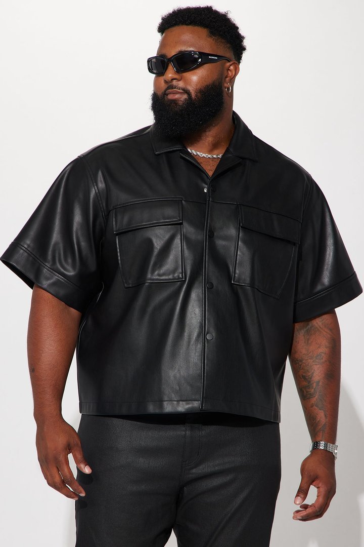 Cropped High Stepper Faux Leather Button Up Shirt - Black