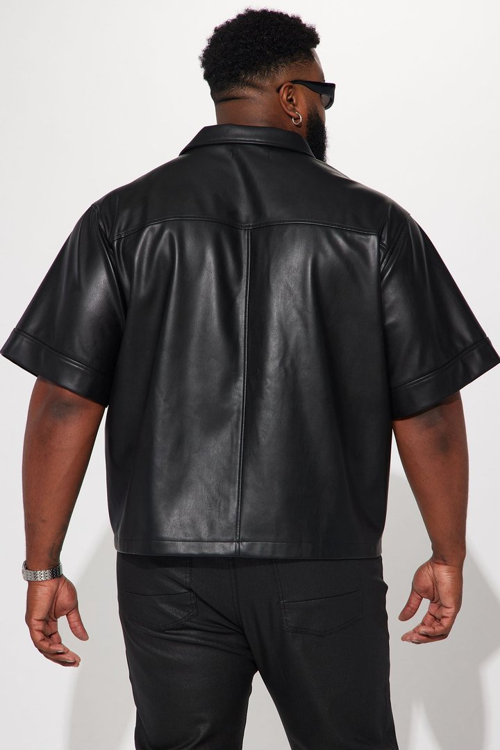 Cropped High Stepper Faux Leather Button Up Shirt - Black