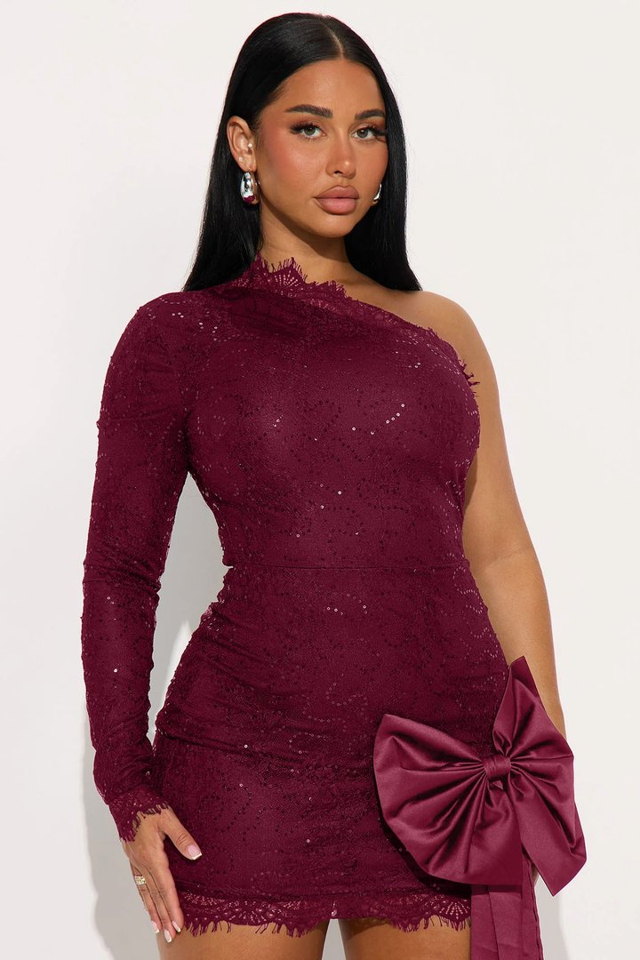 Miranda Sequin Lace Bow Mini Dress - Wine