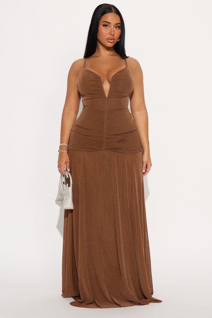 Evelyn Ruched Metallic Maxi Dress - Mocha