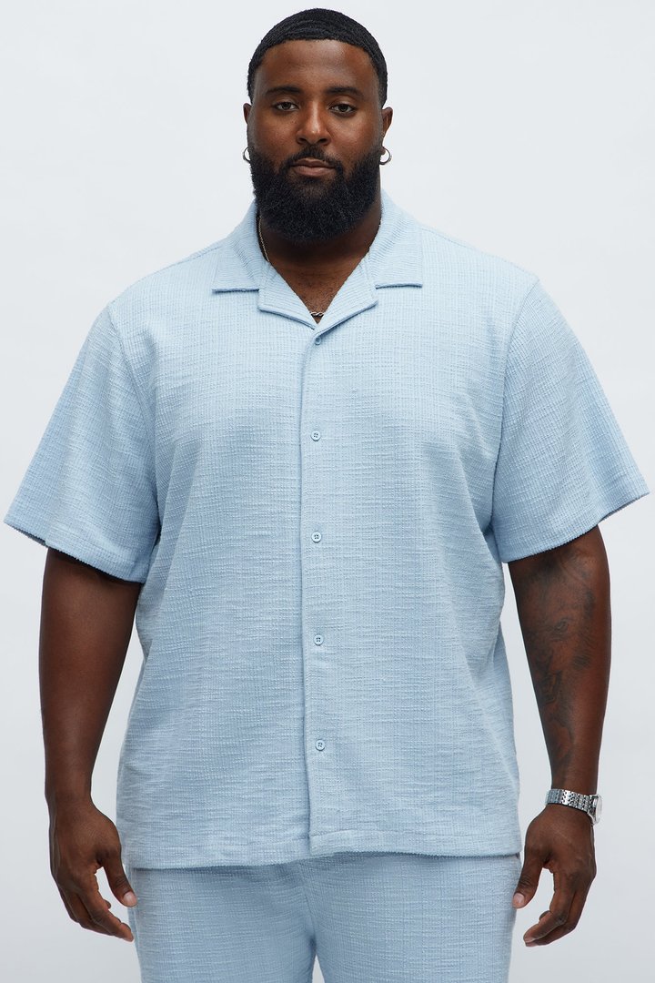 Dean Textured Short Sleeve Button Up Shirt - Light Blue