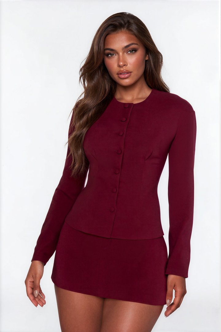 Happy Hour Fitted Waist Collarless Boxy Blazer - Wine