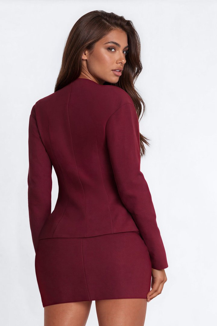 Happy Hour Fitted Waist Collarless Boxy Blazer - Wine