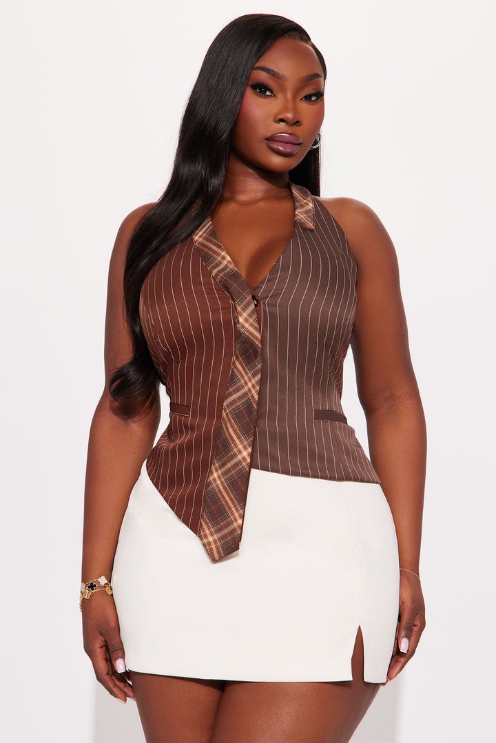 Amari Contrast Pinstripe Halter Top - Brown/combo