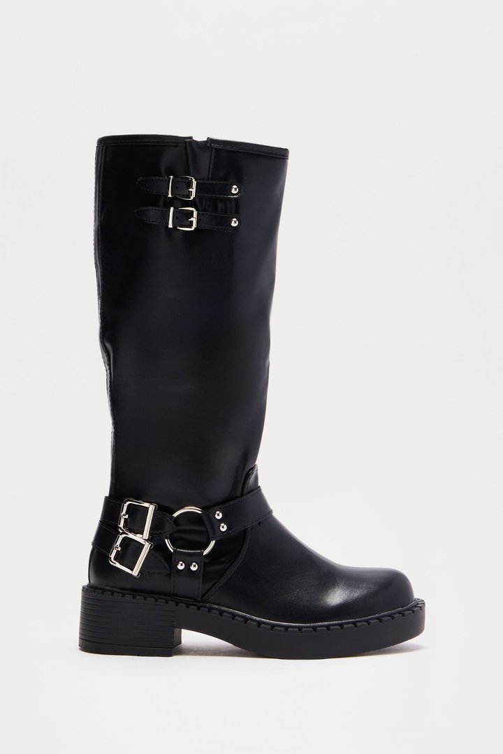 Miles Buckle Knee High Boots - Black