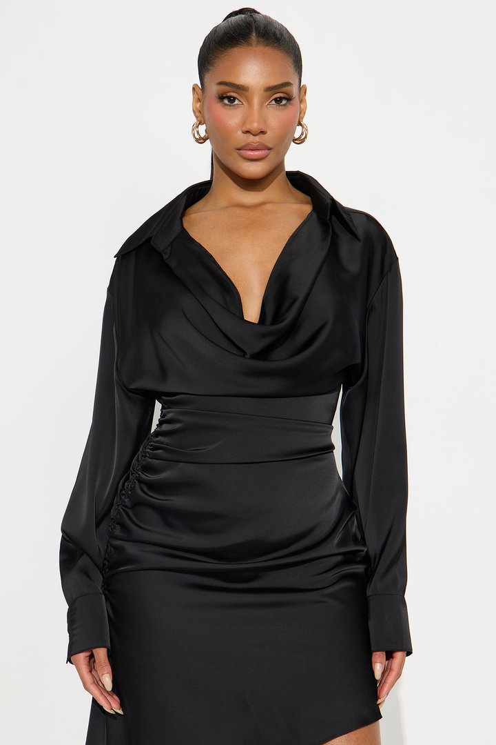 Sally Satin Shirt Mini Dress - Black