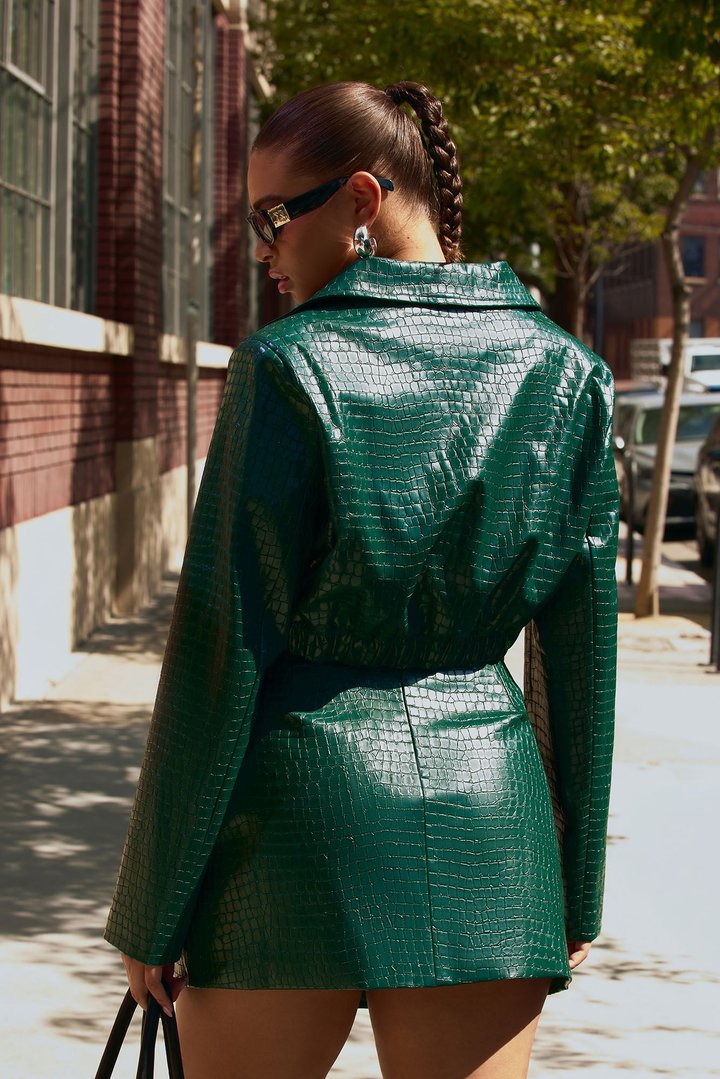 Tara Croc Faux Leather Moto Jacket - Green