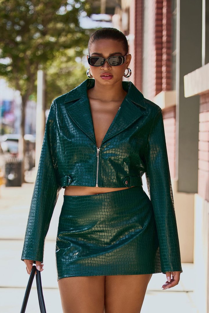 Tara Croc Faux Leather Moto Jacket - Green