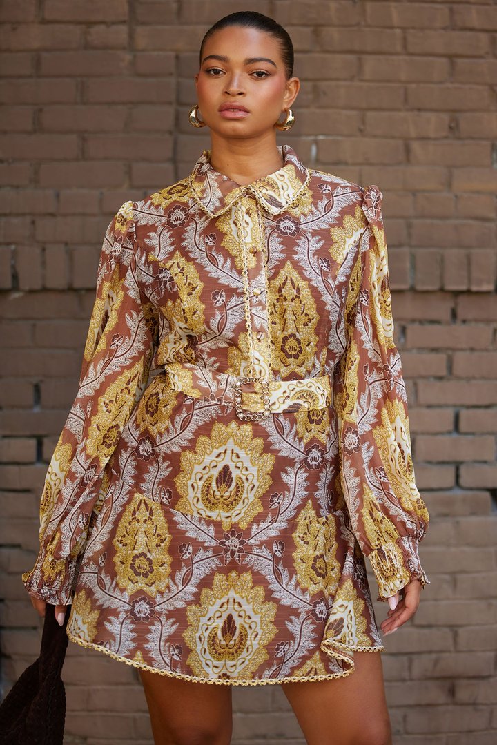 Darlington Belted Chiffon Shirt Mini Dress - Brown/combo