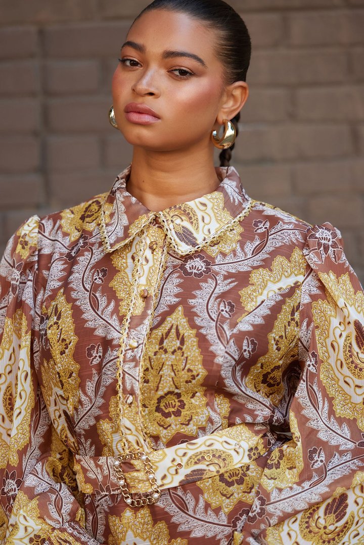 Darlington Belted Chiffon Shirt Mini Dress - Brown/combo