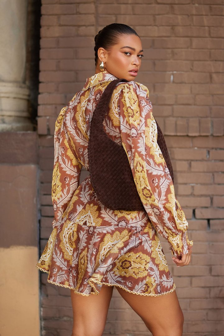 Darlington Belted Chiffon Shirt Mini Dress - Brown/combo