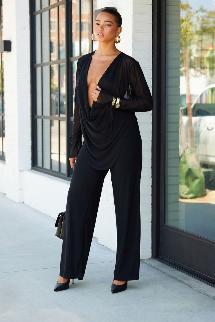 Silent Muse Cowl Neck Mesh Pant Set - Black