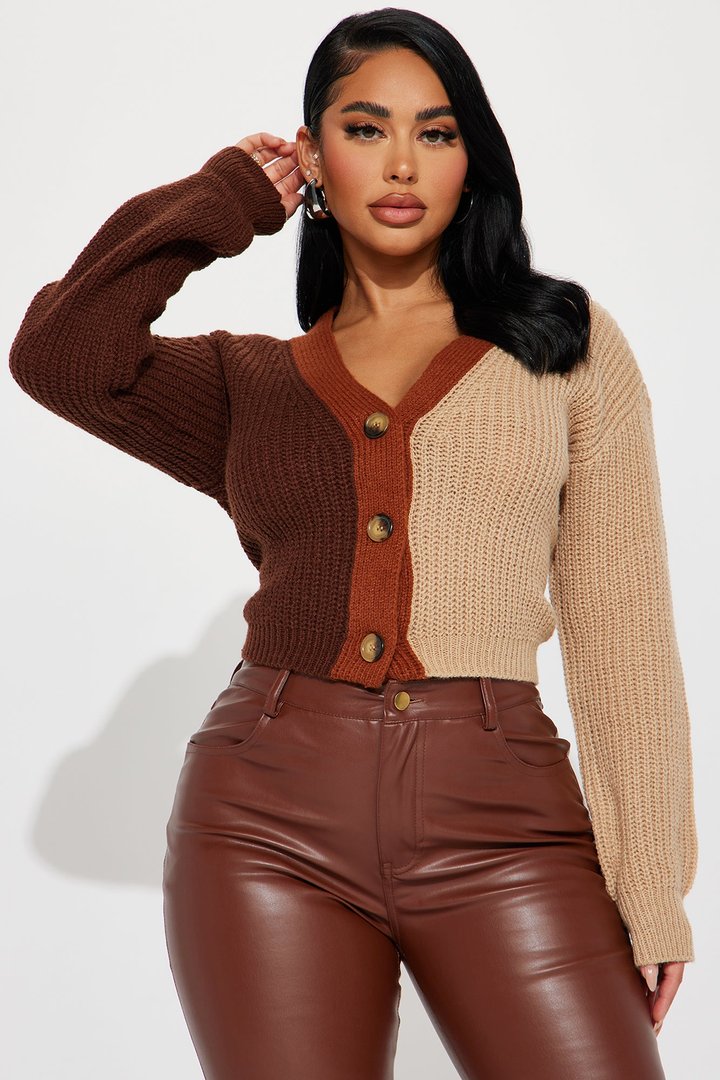 Katja Color Block Cropped Cardigan - Brown/combo
