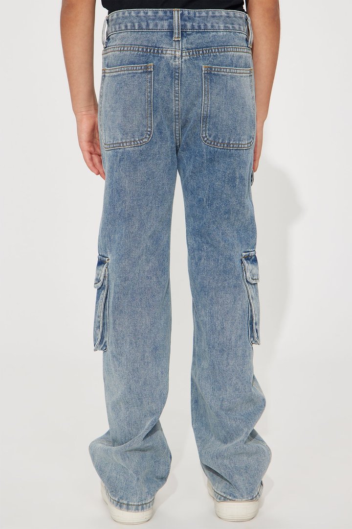 Mini Wide Leg Cargo Jeans - Blue Wash