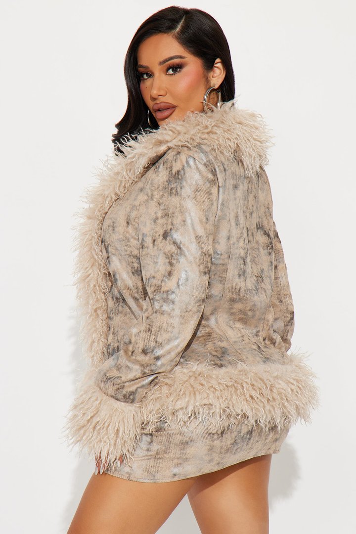 She's Fabulous Fur Trim Faux Suede Skirt Set - Taupe/combo
