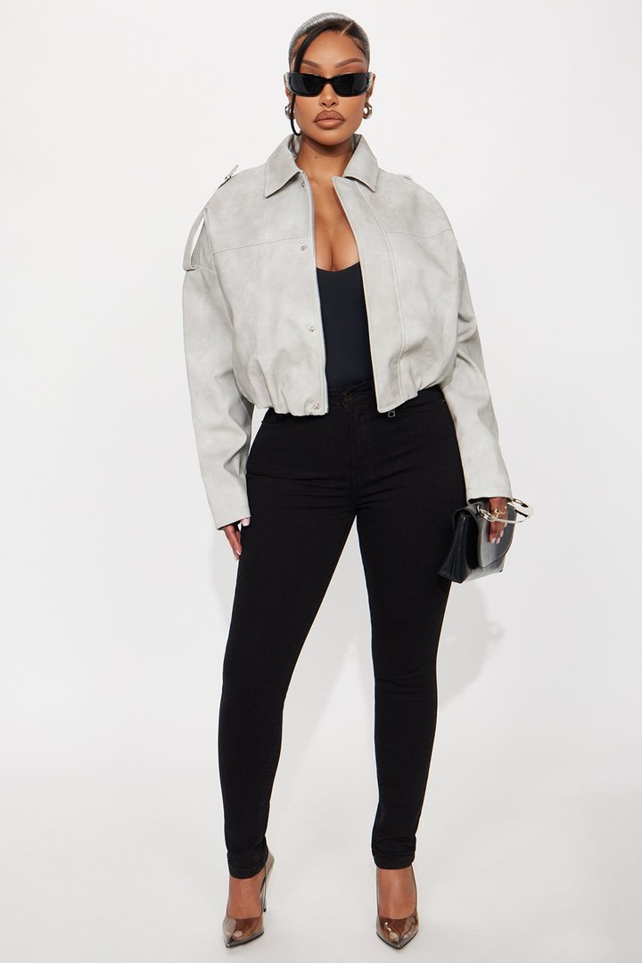 Chelsea Washed Faux Leather Bubble Jacket - Light Grey