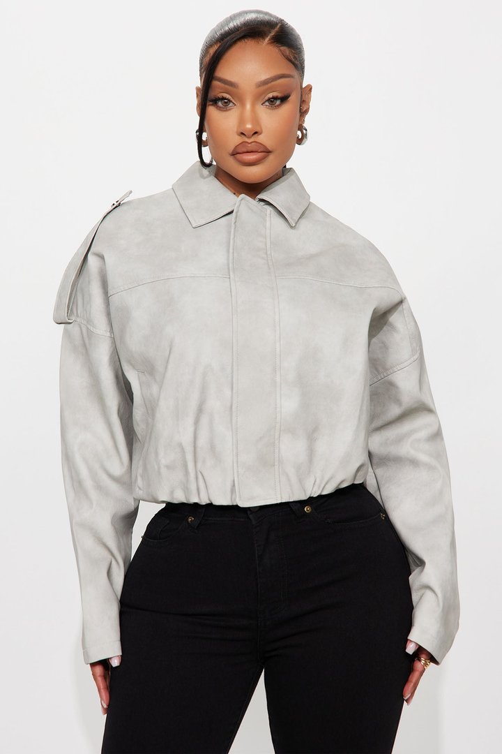 Chelsea Washed Faux Leather Bubble Jacket - Light Grey