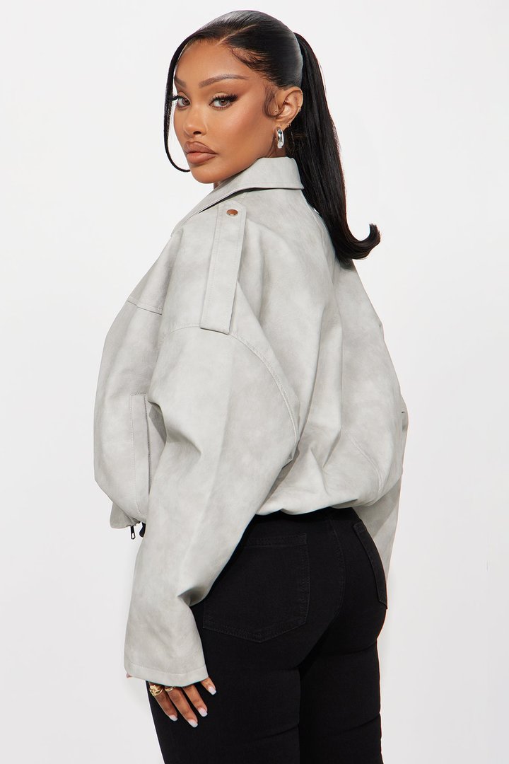 Chelsea Washed Faux Leather Bubble Jacket - Light Grey